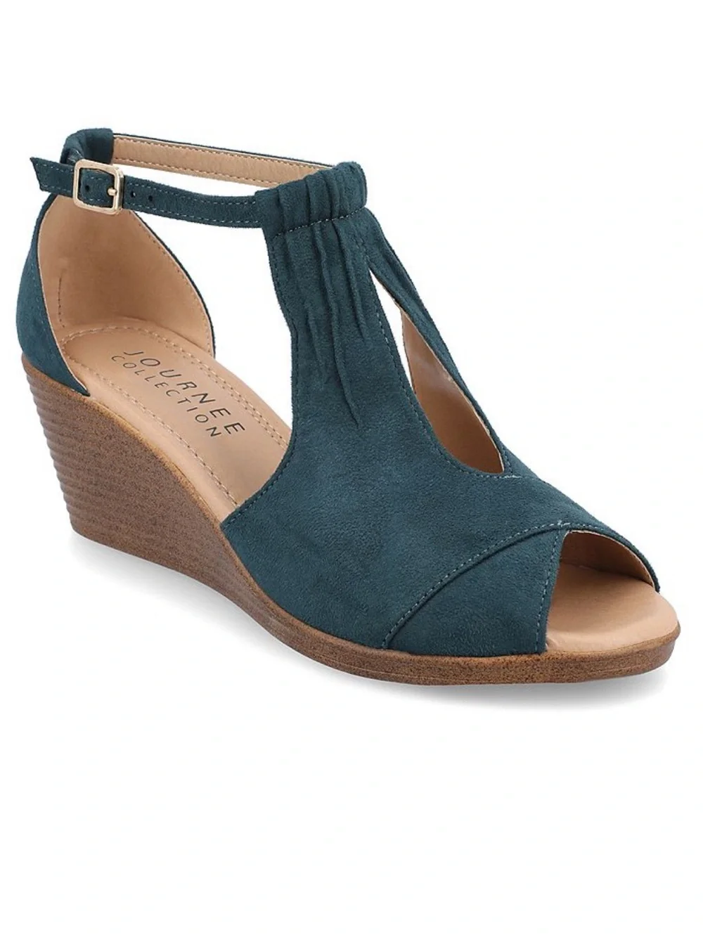 Journee Collection Teal Blue T-Strap Peep Toe Wedge Sandals